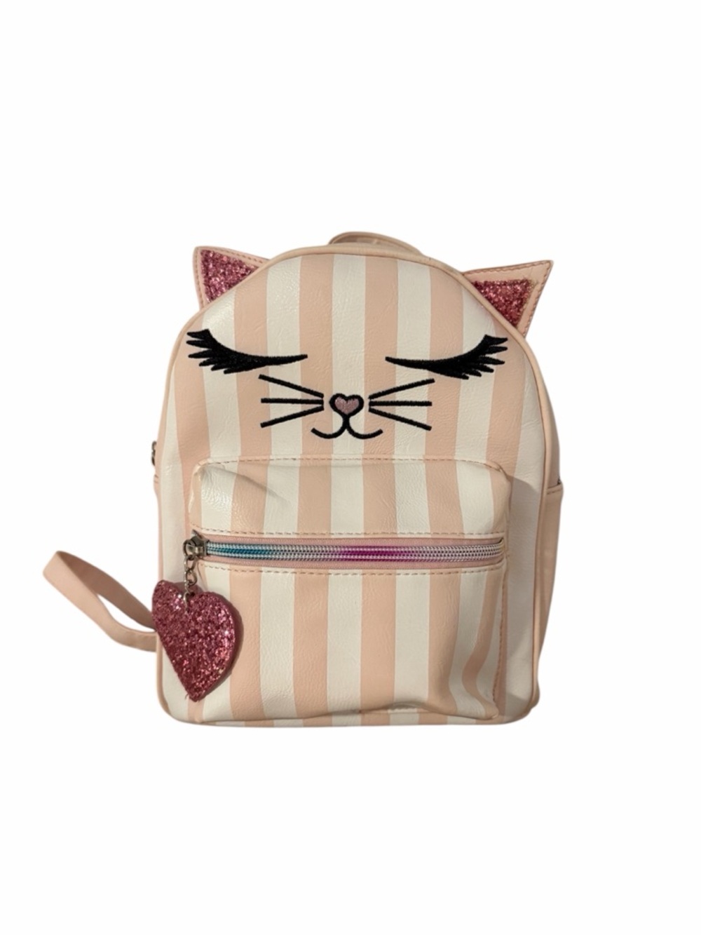 Striped Pink Cat Mini Backpack with Glitter Heart Charm